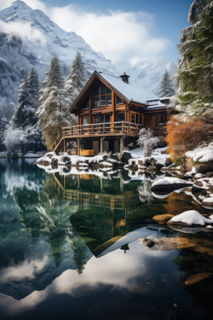 Beautiful alpine lake in winter with snow and wooden house.の素材