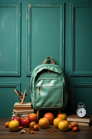 Back to school concept. School supplies on wooden table against green wallの素材