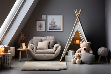 Interior of child room with teepee, armchair and sofaの素材