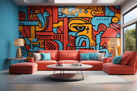 Interior of modern living room with colorful wall painting. 3D renderingの素材
