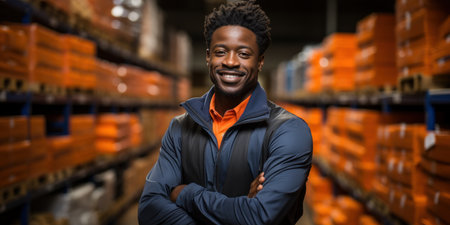 Portrait of happy african american man standing with arms crossed in warehouseの素材