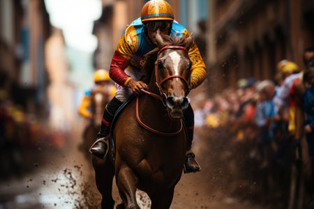 Horses and jockeys on the race in the city.の素材