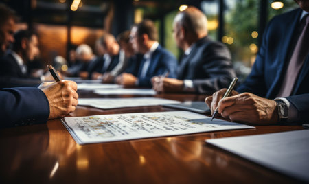 Business people sitting at table and writing in notebook during meeting in officeの素材