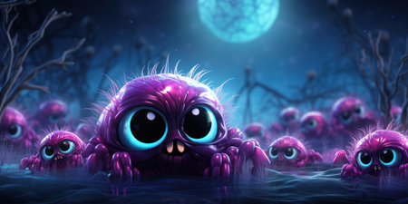 Halloween background with spiders and moon, 3d render illustration.の素材
