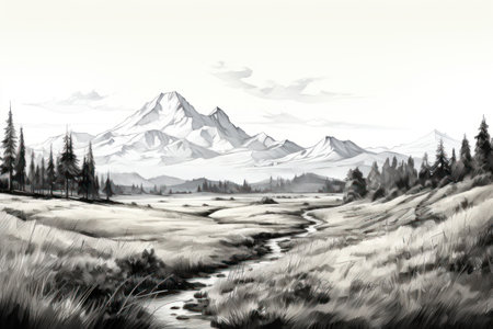 Digital painting of mountain and river landscape in black and white tone.の素材
