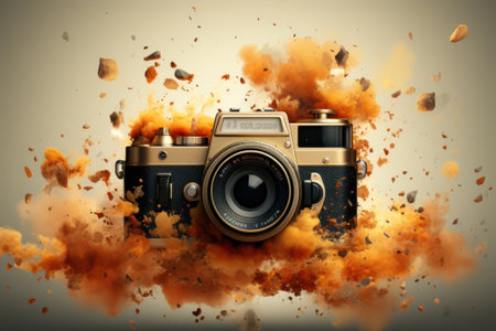 Retro camera with explosion of fire isolated on white background. 3d illustrationの素材