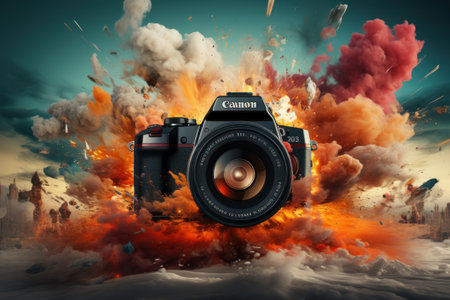 Digital camera with fire and smoke on the background. 3d illustrationの素材