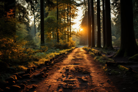 Sunset in the forest. Beautiful nature scene with sunbeamsの素材