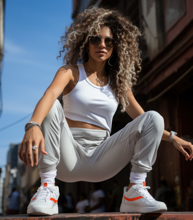 Beautiful young african american woman with curly hair and sunglasses posing outdoorの素材