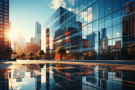 modern glass silhouettes of skyscrapers in the city at sunsetの素材
