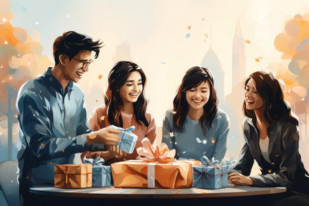 Group of happy young asian people celebrating birthday party with gift boxes. Celebration and holiday concept.の素材