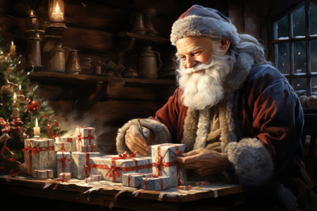 Santa Claus sitting at the table with gifts in his hands. Christmas decoration.の素材