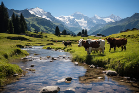 Cows in the alpine meadows of the Swiss Alps.の素材