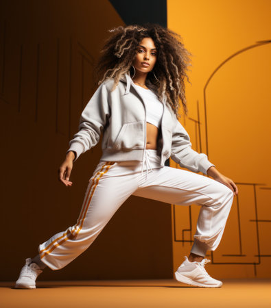 Young african american woman in sportswear dancing on orange backgroundの素材