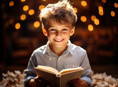 Portrait of a cute little boy reading a book at home.の素材