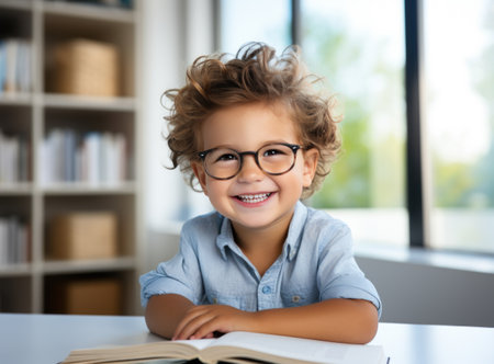 cheerful little boy in eyeglasses reading book at homeの素材