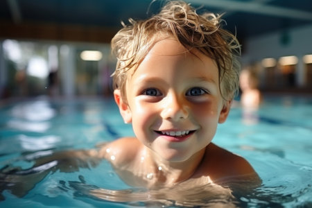 Portrait of a smiling little boy in swimming pool at home.の素材