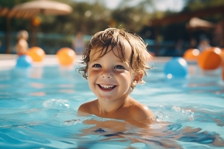 Portrait of a cute little boy in swimming pool. Happy child swims and plays in the pool.の素材