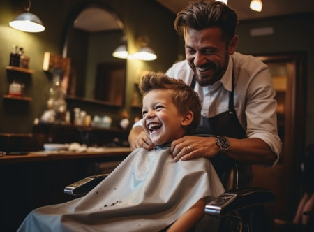 Father and son in barbershop. Father and son having fun together.の素材
