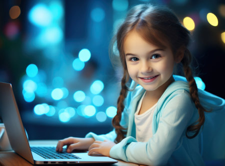 Portrait of a cute little girl using a laptop computer at homeの素材