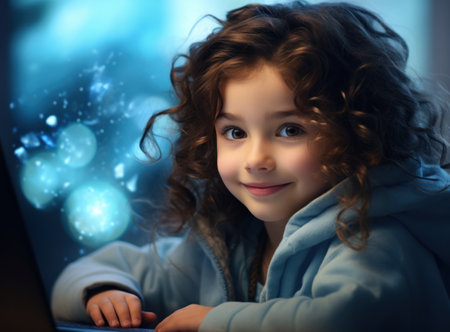 Cute little girl using laptop computer at home. Technology and internet conceptの素材