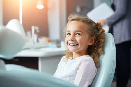 Smiling little girl in dental chair looking at camera while dentist examining teethの素材