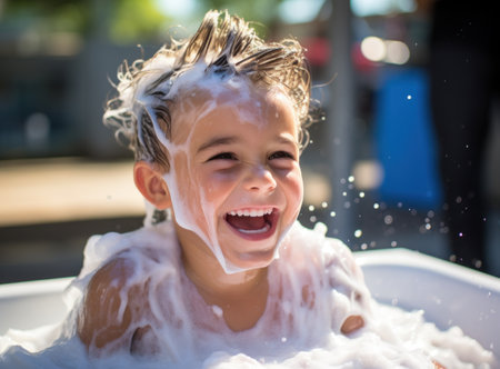 Boy bathes in a bathtub with foam and bubbles in the summer.の素材