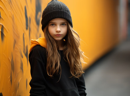 Portrait of a cute little girl in a black coat and a black hat on the background of an orange wallの素材