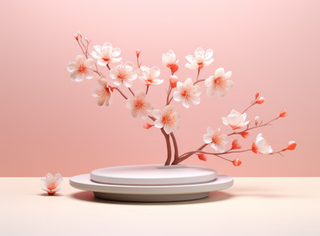 3d render of cherry blossom tree and podium for product displayの素材