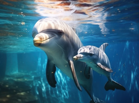 Dolphins swimming in the ocean. 3d rendering. Virtual reality.