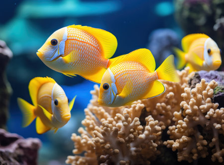Tropical fish in the aquarium. Beautiful underwater world with corals and tropical fishの素材
