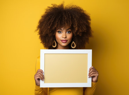 Beautiful african american woman with curly hair holding empty frame on yellow backgroundの素材