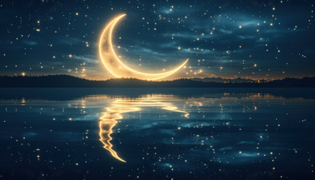 Ramadan Kareem. Moon and stars in the night sky with reflection on water. Vector illustration.の素材