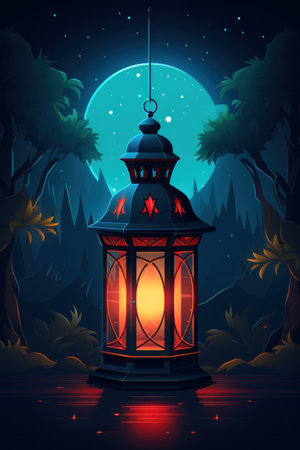 Lantern in the forest at night. Vector Illustration.の素材