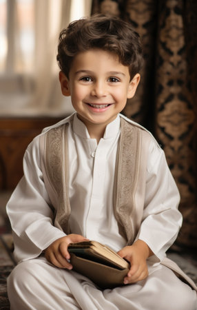 Cute little boy reading Quran book on carpet at home, closeupの素材