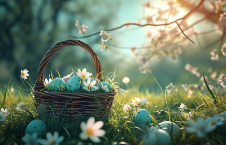 Easter eggs in a basket on a green grass and flowers.の素材