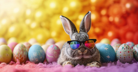 Easter bunny with sunglasses and colorful eggs on bokeh backgroundの素材