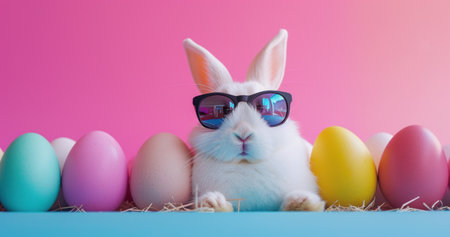 Cute white rabbit with sunglasses and easter eggs on pink backgroundの素材