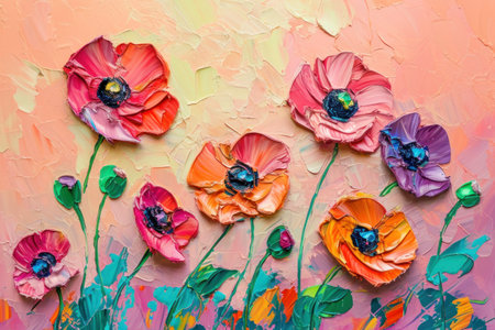 Painted poppies on colorful canvas background. Top view.の素材
