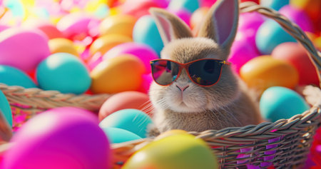 Easter bunny with basket of colorful eggs on bokeh backgroundの素材