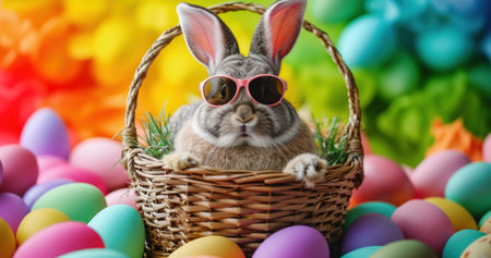 Easter bunny with basket of colorful eggs and flowers on colorful backgroundの素材