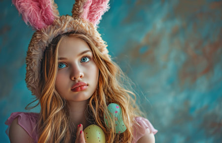 Portrait of a beautiful girl in bunny ears with Easter eggs.の素材
