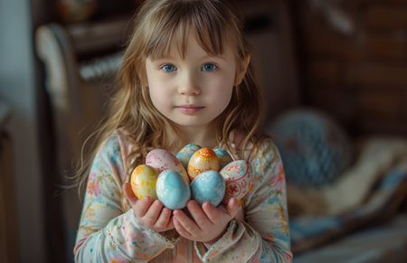 Adorable little girl with easter eggs in her hands at homeの素材