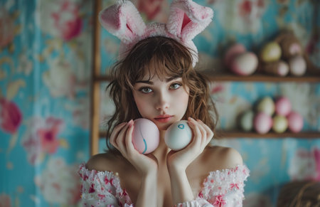Beautiful young woman in bunny ears holding Easter eggs. Easter holiday concept.の素材
