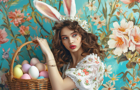 Beautiful young woman with Easter eggs and bunny ears on a floral backgroundの素材