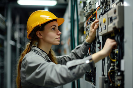 Female engineer working on the control panel of the power plant. Industrial backgroundの素材