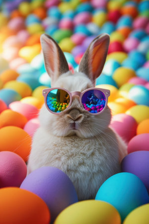 Cute white rabbit wearing sunglasses with colorful Easter eggs in the backgroundの素材