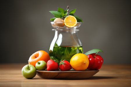Fresh fruits and vegetables in glass jar on wooden table over gray backgroundの素材