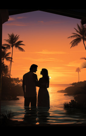 Couple in a swimming pool at sunset with palm trees silhouettesの素材