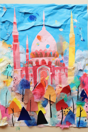 Colorful paper applique with mosque and trees on the wall.の素材
